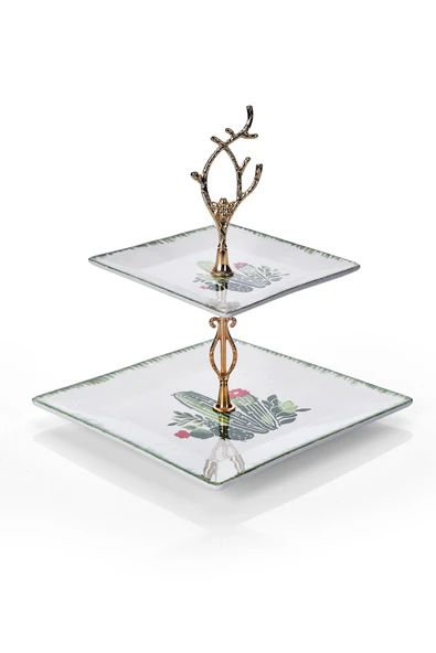 Piatti Naturali Çift Katlı Seramik Kaktüs Desen Kurabiyelik Aperatif İki Katlı Sunum Tabağı Servis Seti İkramlık - 2