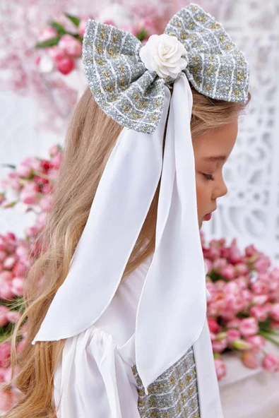 Kız Çocuk Yakası Bağlama Detaylı Kolları Şifon Beli Fırfırlı Üzeri Şanel Kumaş Yeşil Elbise - Resim 8