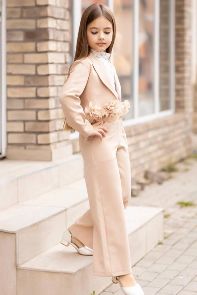 Kız Çocuk Çiçek Broş Detaylı Blazer Ceket Halter Yaka Taş Detaylı Bluz Krem Alt Üst Takım - Resim 3