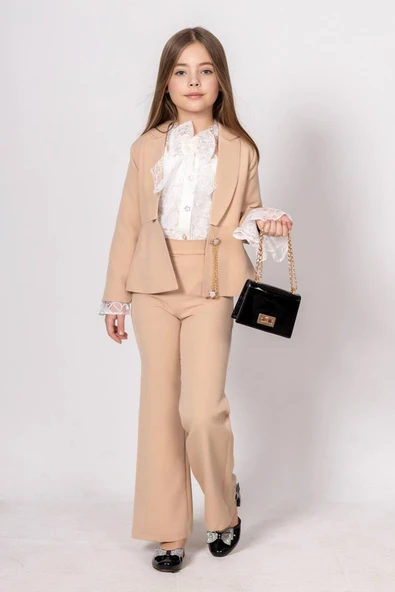 Kız Çocuk Dantel İşlemeli İspanyol Kol Bluz Zincir Düğme Detaylı Blazer Ceket Krem Alt Üst Takım ürün görseli