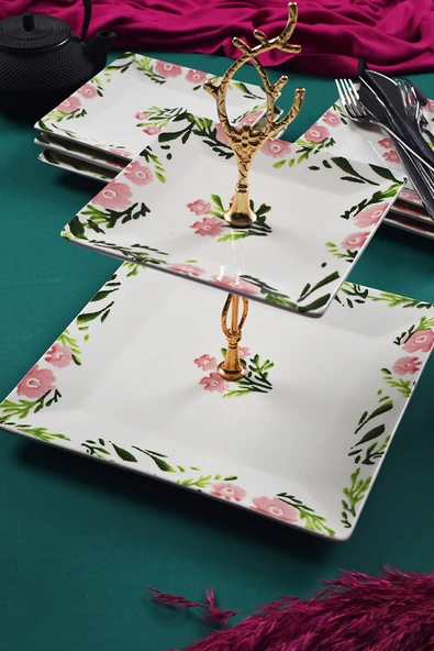 Piatti Naturali Çift Katlı Seramik Bahar Desen Kurabiyelik Aperatif İki Katlı Sunum Tabağı Servis Seti İkramlık