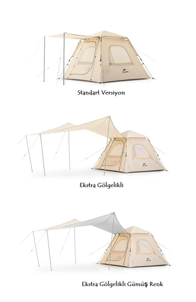 Naturehike Ango UPF 50+ Gölgelikli Otomatik Kurulum Kamp Çadırı  2 Kişilik Ekstra Gölgelikli / Gümüş