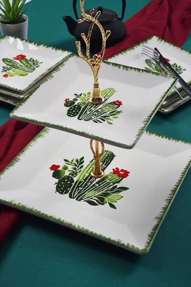 Piatti Naturali Çift Katlı Seramik Kaktüs Desen Kurabiyelik Aperatif İki Katlı Sunum Tabağı Servis Seti İkramlık