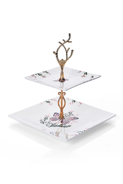 Piatti Naturali Çift Katlı Seramik Kelebek Desen Kurabiyelik Aperatif İki Katlı Sunum Tabağı Servis Seti İkramlık - 2