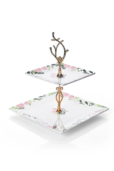 Piatti Naturali Çift Katlı Seramik Bahar Desen Kurabiyelik Aperatif İki Katlı Sunum Tabağı Servis Seti İkramlık - 2