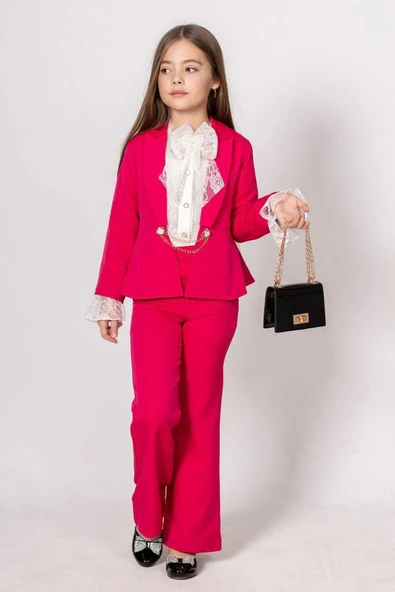 Kız Çocuk Dantel İşlemeli İspanyol Kol Bluz Zincir Düğme Detaylı Blazer Ceket Fuşya Alt Üst Takım - Resim 2
