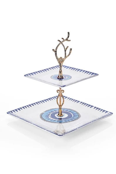 Piatti Naturali Çift Katlı Seramik Nazar Desen Kurabiyelik Aperatif İki Katlı Sunum Tabağı Servis Seti İkramlık - 2