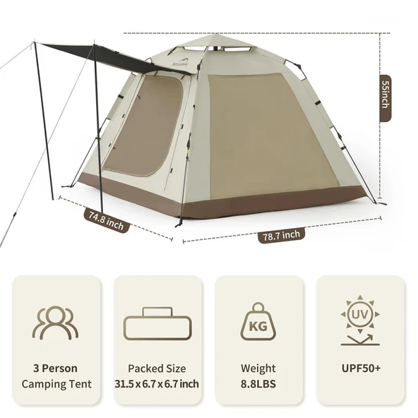 Naturehike Ango Picnic Otomatik Kurulum 3 Kişilik Çadır Fresh & Black - 3