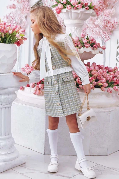 Kız Çocuk Yakası Bağlama Detaylı Kolları Şifon Beli Fırfırlı Üzeri Şanel Kumaş Yeşil Elbise - Resim 5