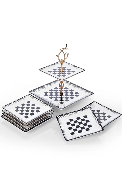 Piatti Naturali İkram Seti Dama Seramik Çift Katlı Sunum Tabağı & 6 adet Tatlı Pasta Tabağı Kurabiyelik İkramlık