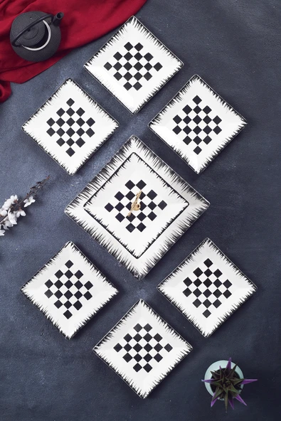 Piatti Naturali İkram Seti Dama Seramik Çift Katlı Sunum Tabağı & 6 adet Tatlı Pasta Tabağı Kurabiyelik İkramlık - 3