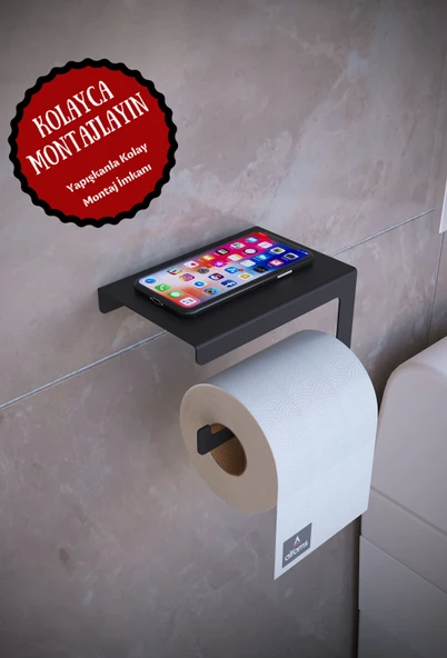 Metal Modern Telefon, Aksesuar Raflı Tuvalet Wc Kağıtlık Peçete Askısı Siyah