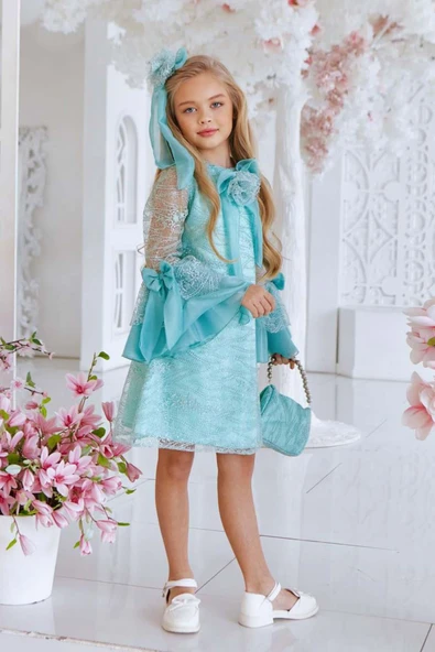 Kız Çocuk Boydan Üzeri Dantel İşlemeli Fiyonk Detaylı İspanyol Kollu Su Yeşili Elbise ürün görseli