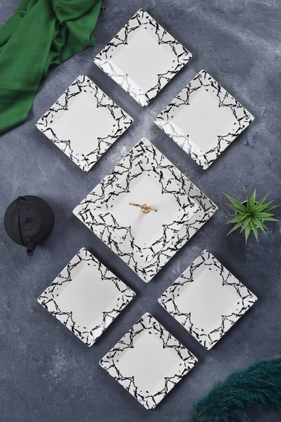 Piatti Naturali İkram Seti Mermer Seramik Çift Katlı Sunum Tabağı & 6 adet Tatlı Pasta Tabağı Kurabiyelik İkramlık - 3