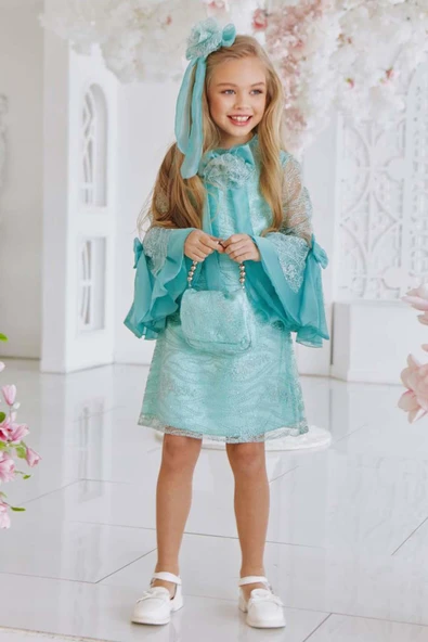 Kız Çocuk Boydan Üzeri Dantel İşlemeli Fiyonk Detaylı İspanyol Kollu Su Yeşili Elbise - Resim 2