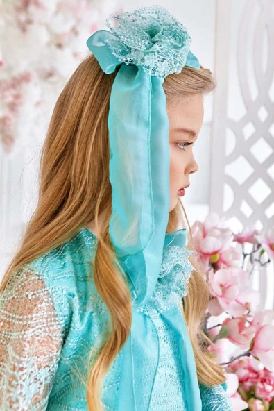 Kız Çocuk Boydan Üzeri Dantel İşlemeli Fiyonk Detaylı İspanyol Kollu Su Yeşili Elbise - Resim 6