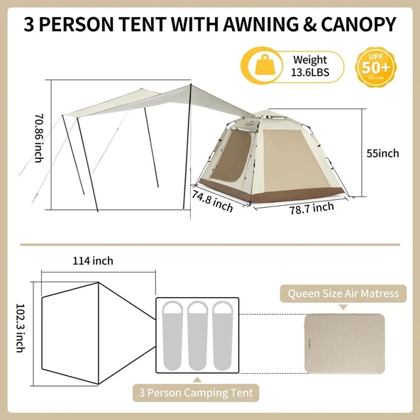Naturehike Ango Picnic Otomatik Kurulum 3 Kişilik Çadır Standart - 5