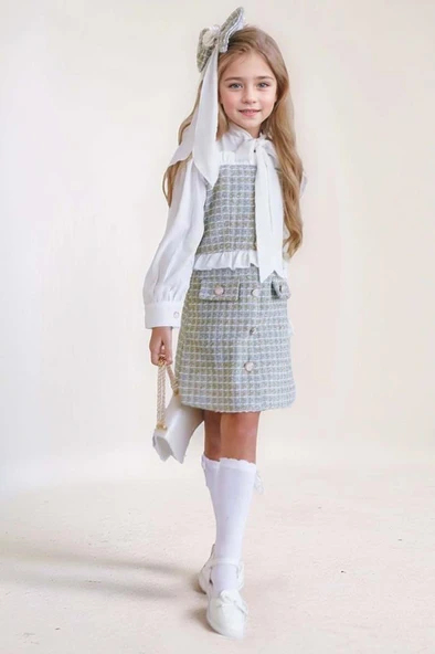 Kız Çocuk Yakası Bağlama Detaylı Kolları Şifon Beli Fırfırlı Üzeri Şanel Kumaş Yeşil Elbise ürün görseli