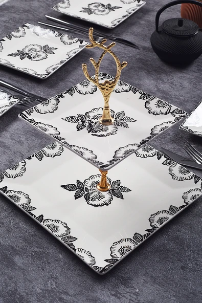 Piatti Naturali Çift Katlı Seramik Black Rose Desen Kurabiyelik Aperatif İki Katlı Sunum Tabağı Servis Seti İkramlık
