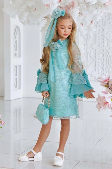 Kız Çocuk Boydan Üzeri Dantel İşlemeli Fiyonk Detaylı İspanyol Kollu Su Yeşili Elbise - Resim 3