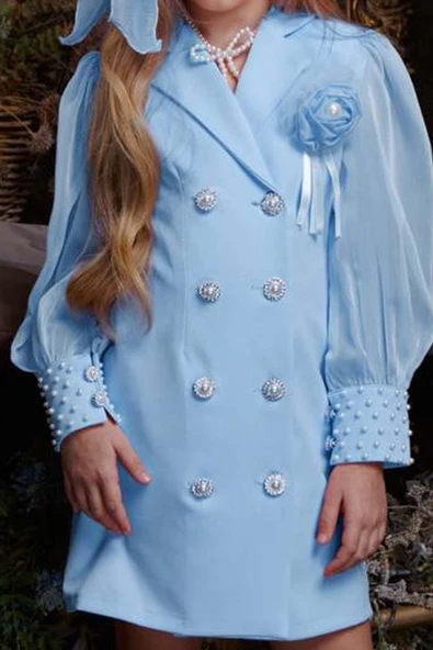 Kız Çocuk Bilekleri İnci Boncuk İşlemeli Kolları Şeffaf Kumaş Taş Düğme Detaylı Mavi Elbise - Resim 4