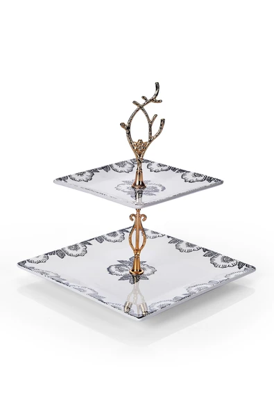 Piatti Naturali Çift Katlı Seramik Black Rose Desen Kurabiyelik Aperatif İki Katlı Sunum Tabağı Servis Seti İkramlık - 2