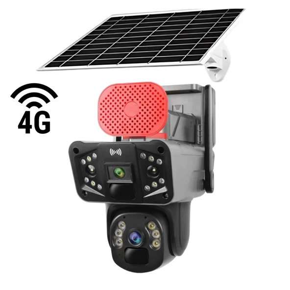 Solar Panelli, Güneş Enerjili, SIM Kartlı 4G, 6MP Çift Lensli Hareket Algılamalı PTZ Güvenlik Kamera