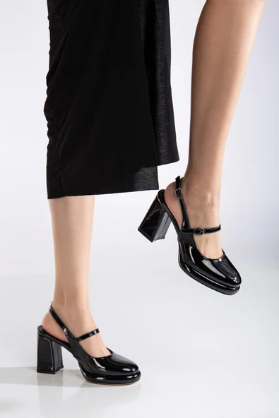 Kadın Abiye Platform Topuklu Ayakkabı Siyah Rugan Yuvarlak Burun - Resim 2