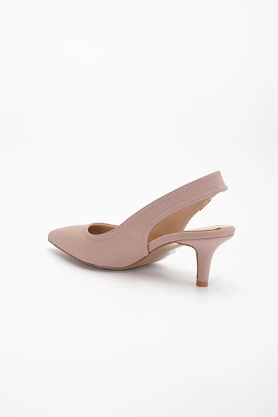 Büyük Numara Kadın Topuklu Ayakkabı Vizon Saten Malzeme Taşlı Tokalı - Resim 6