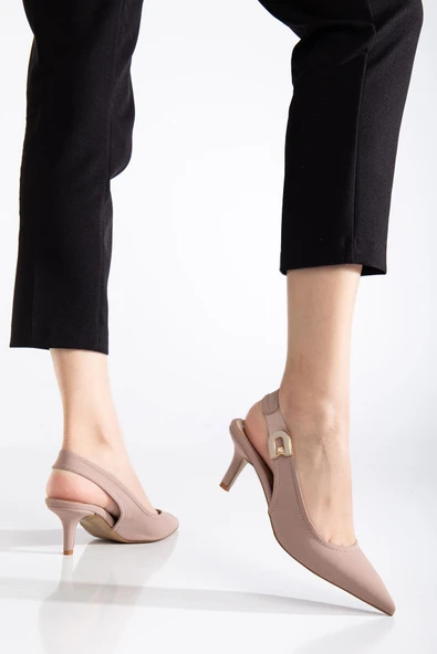 Büyük Numara Kadın Topuklu Ayakkabı Vizon Saten Malzeme Taşlı Tokalı - Resim 3