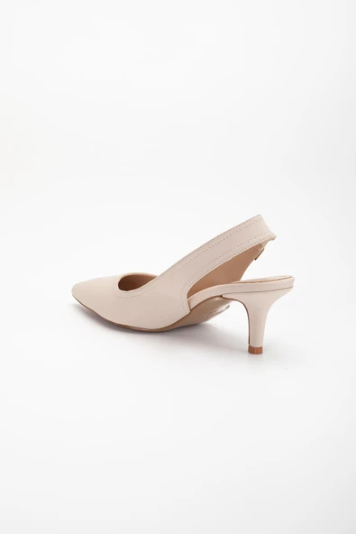 Büyük Numara Kadın Topuklu Ayakkabı Bej Saten Malzeme Taşlı Tokalı - Resim 6