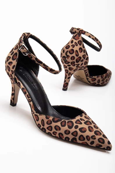 Büyük Numara Kadın Topuklu Ayakkabı Leopar Saten Karnı Yarık Model Baretli ürün görseli