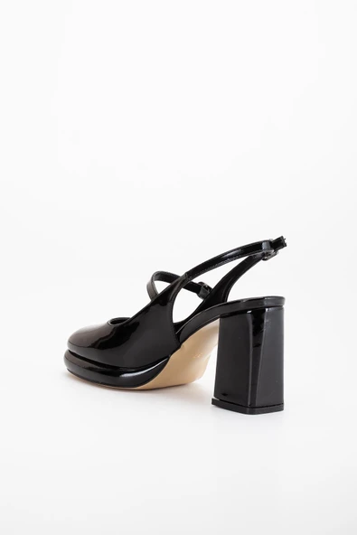 Kadın Abiye Platform Topuklu Ayakkabı Siyah Rugan Yuvarlak Burun - Resim 5