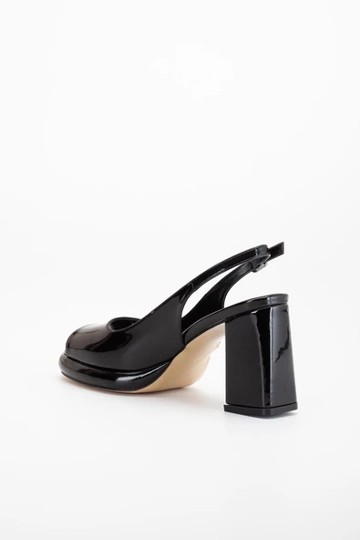 Kadın Abiye Platform Topuklu Ayakkabı Siyah Rugan Yuvarlak Açık Burun - Resim 5