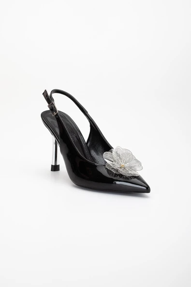 Kadın Abiye Stiletto Siyah Rugan Metal Çiçek Aksesuarlı Galvaniz Ökçe Kaplamalı - 5