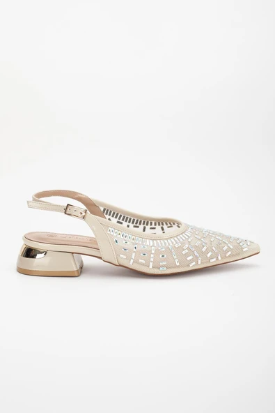 Kadın Kısa Topuklu Abiye Ayakkabı Gümüş File Taş Döşeme Topuk Açık - Resim 4