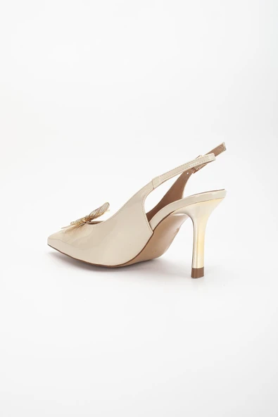 Kadın Abiye Stiletto Bej Rugan Metal Çiçek Aksesuarlı Galvaniz Ökçe Kaplamalı - 6