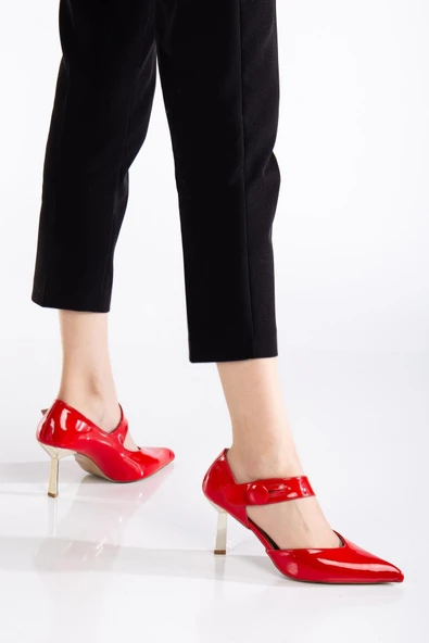 Kadın Stiletto Kırmızı Rugan Baretli İnce Topuklu - Resim 2