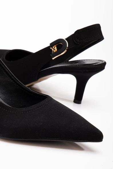 Büyük Numara Kadın Topuklu Ayakkabı Siyah Saten Malzeme Taşlı Tokalı - Resim 2