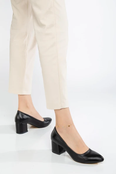 Kadın Kısa Topuklu Ayakkabı Siyah Şanel Malzeme Kalın Topuklu - Resim 2