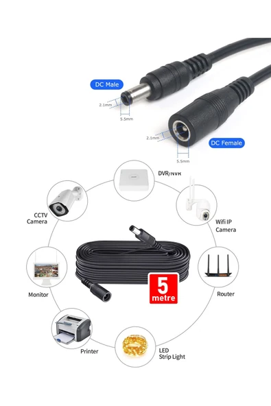 MPIA HEXC5 Power Uzatma Kablosu 5 metre AWG20 Kamera, Wifi Kamera, Modem, Kayıt Cihazı 12V DC Uzatma - 4