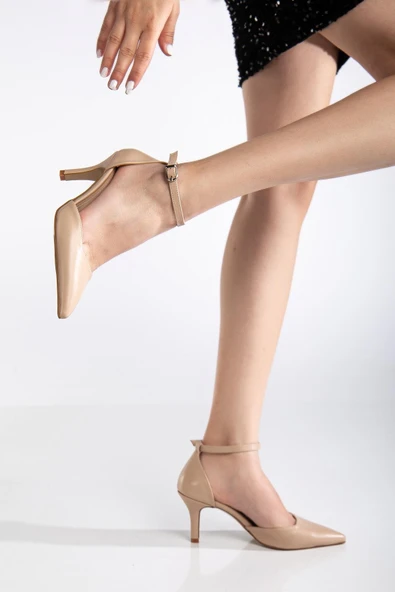 Büyük Numara Kadın Topuklu Ayakkabı Nude Karnı Yarık Model Baretli Cilt - Resim 2