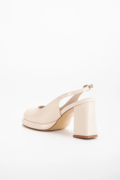 Kadın Abiye Platform Topuklu Ayakkabı Ten Rugan Yuvarlak Açık Burun - Resim 5