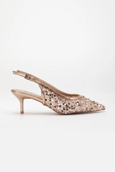 Kadın Kısa Topuklu Abiye Ayakkabı Rose Pullu File Topuk Açık - Resim 3