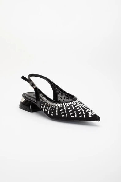 Kadın Kısa Topuklu Abiye Ayakkabı Siyah File Taş Döşeme Topuk Açık - 5