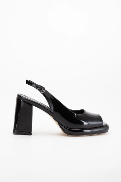 Kadın Abiye Platform Topuklu Ayakkabı Siyah Rugan Yuvarlak Açık Burun - Resim 3