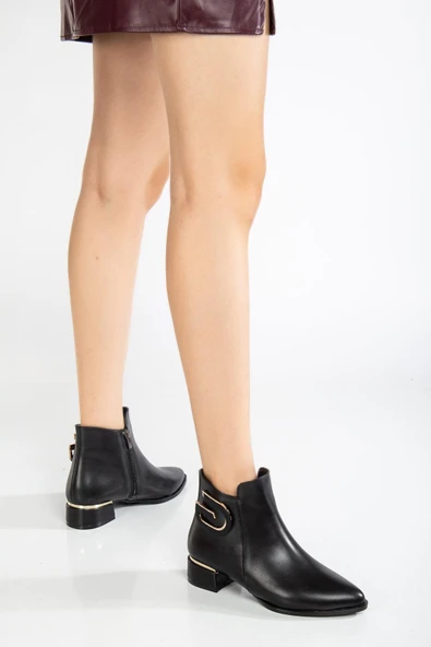 Kadın Kısa Topuklu Bot Siyah Taşlı Tokalı Bağsız - Resim 2