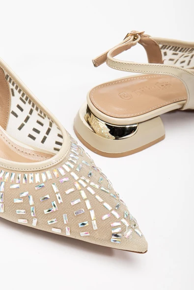 Kadın Kısa Topuklu Abiye Ayakkabı Gümüş File Taş Döşeme Topuk Açık - Resim 2