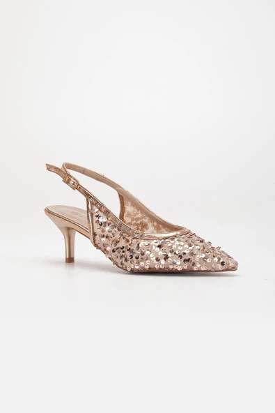 Kadın Kısa Topuklu Abiye Ayakkabı Rose Pullu File Topuk Açık - Resim 4