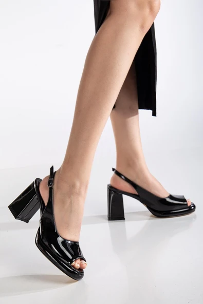 Kadın Abiye Platform Topuklu Ayakkabı Siyah Rugan Yuvarlak Açık Burun - Resim 2